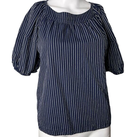 A New Approach Puffy Sleeve Striped Blouse Dark Blue & White Size XS - Picture 2 of 3